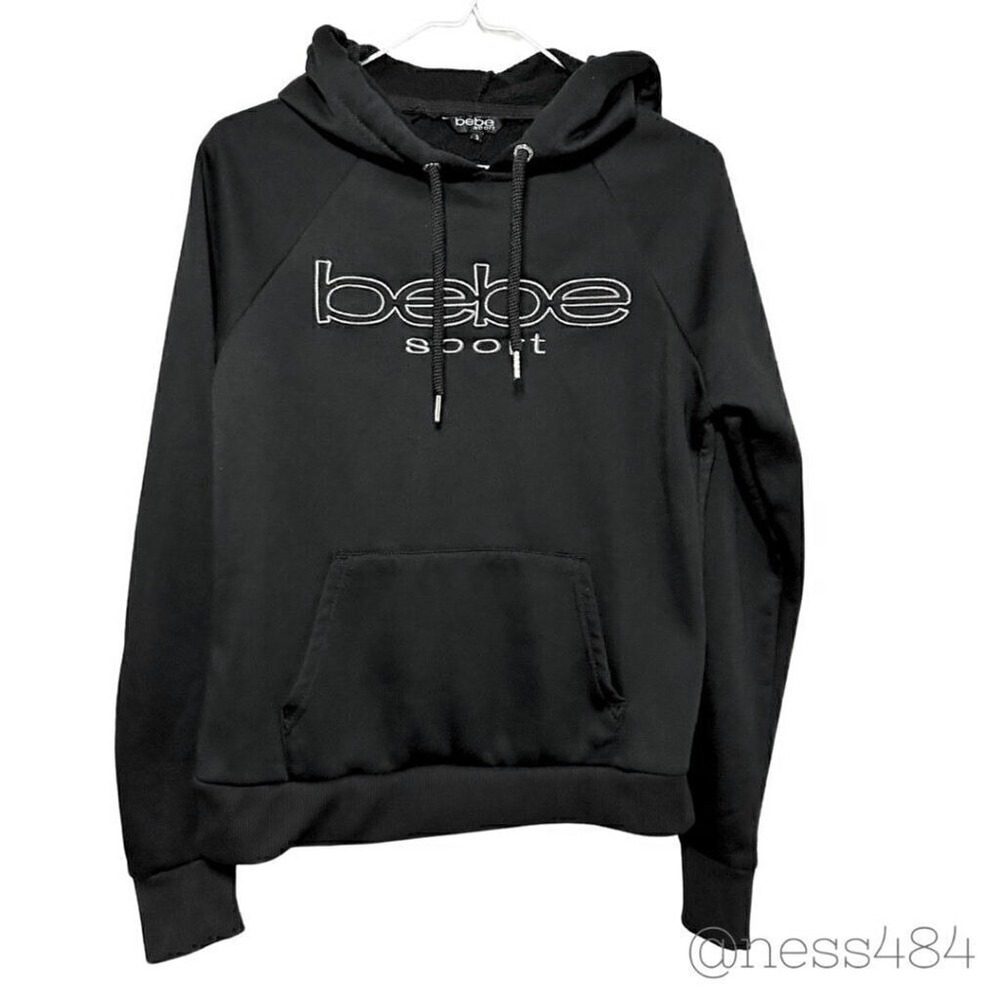 Bebe Sport Black Hoodie Sweatshirt Womens Size Small Logo Graphic Pullover